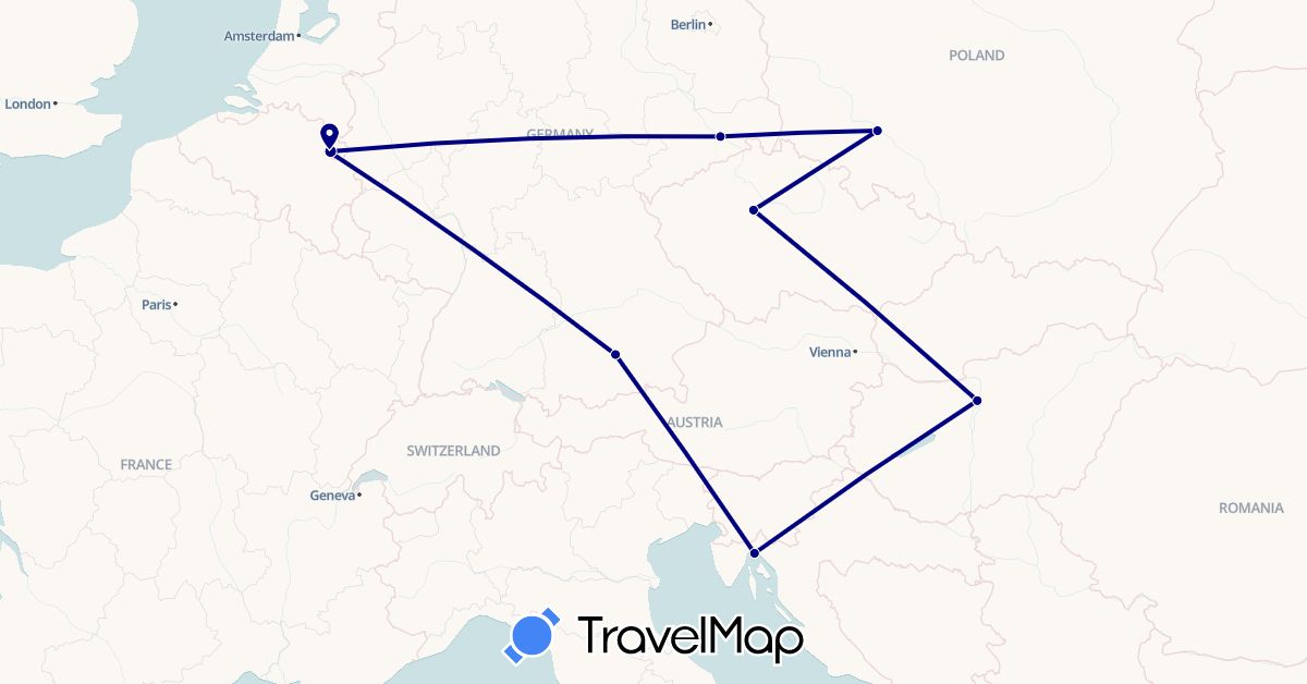 TravelMap itinerary: driving in Czech Republic, Germany, Croatia, Hungary, Netherlands, Poland (Europe)